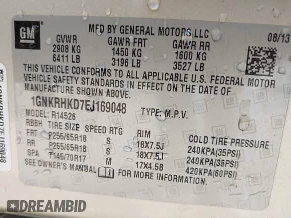 2014 Chevrolet Traverse LT z VIN 1GNKRHKD7EJ169048, wystawiony jako IAAI lot #42332958 z przebiegiem 184 819 mil mil oraz . Historia ofert i sprzedaży dostępna na DreamBid. Obrazek 9.