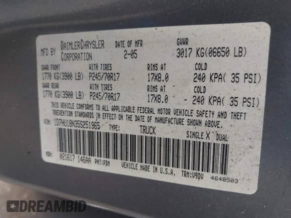2005 Dodge 1500 SLT with VIN 1D7HU18N35S251965, listed as a IAAI auction lot 43019121 with 186,580 mi miles and . Bid and sale history available at DreamBid. Image 9.