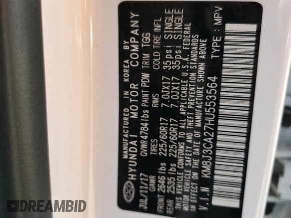 2017 Hyundai Tucson Eco с VIN KM8J3CA27HU553564, выставлен на аукционе Copart как лот 71271185 с пробегом Не указан миль и Списание • Salvage title. История ставок и продаж доступна на DreamBid. Изображение 13.