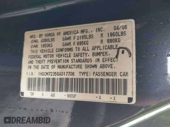 2006 Honda Accord LX with VIN 1HGCM72356A017706, listed as a IAAI auction lot 38691652 with 156,640 mi miles and . Bid and sale history available at DreamBid. Image 9.