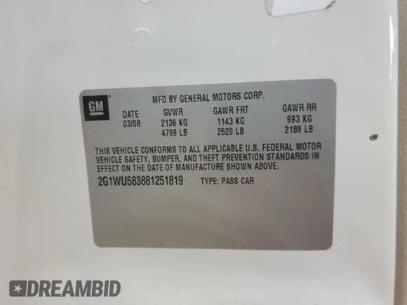 2008 Chevrolet Impala LTZ z VIN 2G1WU583881251819, wystawiony jako Copart lot #63138415 z przebiegiem 195 950 mil mil oraz Szkoda całkowita • Salvage title. Historia ofert i sprzedaży dostępna na DreamBid. Obrazek 12.