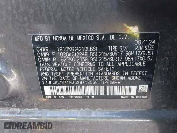2025 Honda HR-V LX с VIN 3CZRZ1H33SM718556, выставлен на аукционе IAAI как лот 42620898 с пробегом 43 508 миль миль и . История ставок и продаж доступна на DreamBid. Изображение 9.