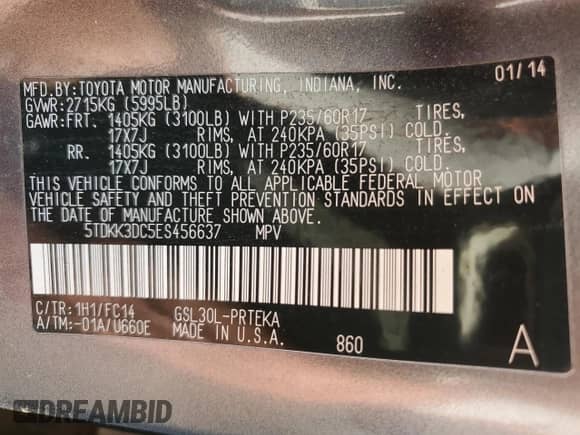 2014 Toyota Sienna LE AAS with VIN 5TDKK3DC5ES456637, listed as a Copart auction lot 87417215 with 103,902 mi miles and Salvage title. Bid and sale history available at DreamBid. Image 13.