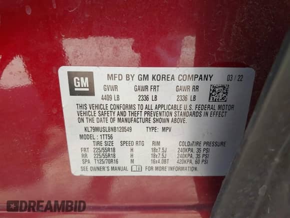 2022 Chevrolet TrailBlazer RS с VIN KL79MUSL8NB120549, выставлен на аукционе IAAI как лот 42744022 с пробегом 72 101 миль миль и . История ставок и продаж доступна на DreamBid. Изображение 9.