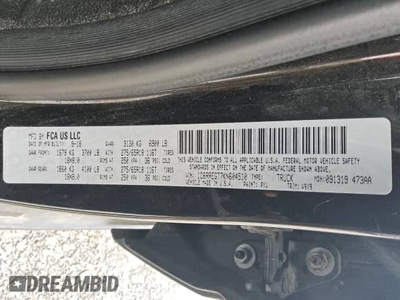 2019 Ram 1500 Tradesman with VIN 1C6RREGT7KN604510, listed as a Copart auction lot 58861535 with 196,152 mi miles and Clean title. Bid and sale history available at DreamBid. Image 12.