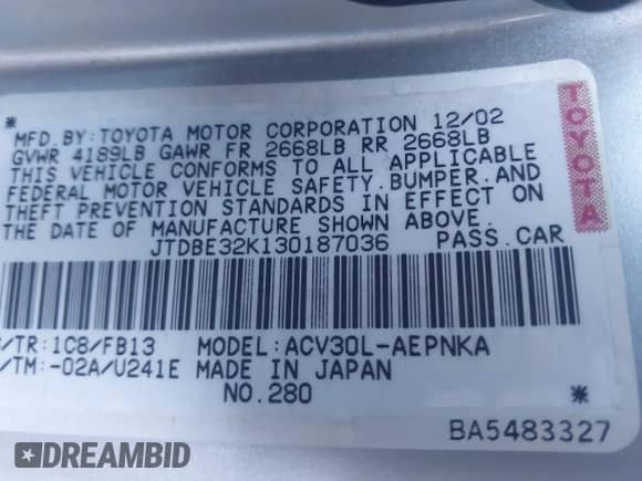 2003 Toyota Camry LE with VIN JTDBE32K130187036, listed as a IAAI auction lot 43504391 with 205,170 mi miles and . Bid and sale history available at DreamBid. Image 9.