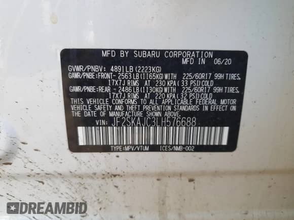 2020 Subaru Forester Premium с VIN JF2SKAJC3LH576688, выставлен на аукционе Copart как лот 82752315 с пробегом 62 781 миль миль и Чистый • Clean title. История ставок и продаж доступна на DreamBid. Изображение 13.