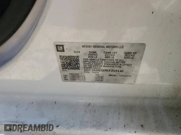 2019 Chevrolet Silverado 2500HD Work Truck z VIN 1GC1KREG7KF215142, wystawiony jako Copart lot #47896565 z przebiegiem Nie podano mil oraz Nie do naprawy • Non repairable. Historia ofert i sprzedaży dostępna na DreamBid. Obrazek 13.