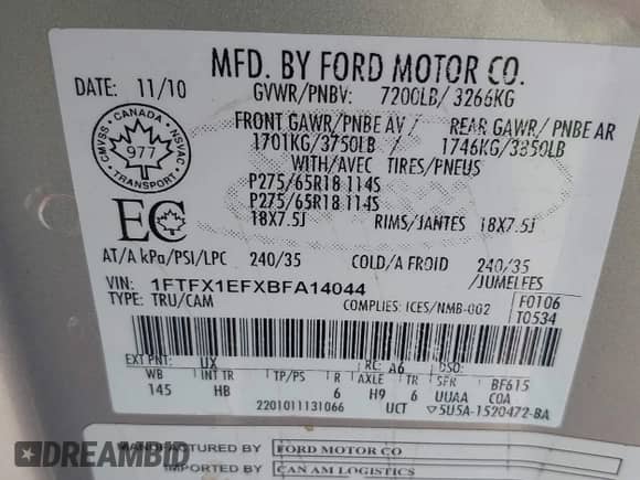 2011 Ford F-150 XL with VIN 1FTFX1EFXBFA14044, listed as a IAAI auction lot 42684466 with 186,391 mi miles and . Bid and sale history available at DreamBid. Image 9.