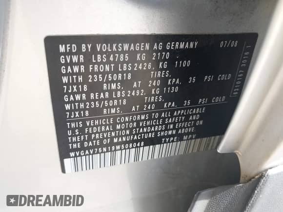 2009 Volkswagen Tiguan S с VIN WVGAV75N19W508048, выставлен на аукционе IAAI как лот 42754273 с пробегом 84 535 миль миль и . История ставок и продаж доступна на DreamBid. Изображение 9.