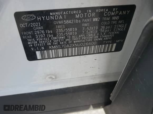 2022 Hyundai Santa Fe Limited с VIN KM8S7DA2XNU026600, выставлен на аукционе Copart как лот 58063775 с пробегом 75 318 миль миль и Списание • Salvage title. История ставок и продаж доступна на DreamBid. Изображение 14.