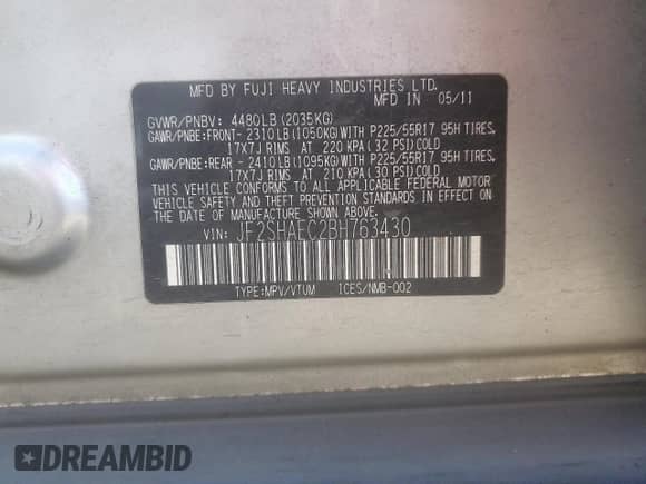 2011 Subaru Forester X Limited z VIN JF2SHAEC2BH763430, wystawiony jako Copart lot #82080115 z przebiegiem 126 564 mil mil oraz Szkoda całkowita • Salvage title. Historia ofert i sprzedaży dostępna na DreamBid. Obrazek 12.