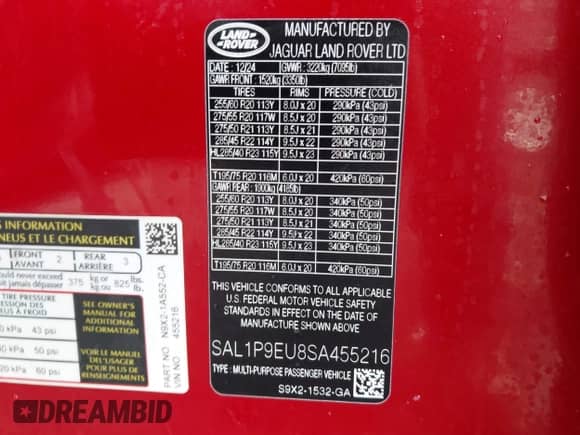 2025 Land Rover Range Rover Sport SE with VIN SAL1P9EU8SA455216, listed as a IAAI auction lot 43513126 with 23,539 mi miles and . Bid and sale history available at DreamBid. Image 9.