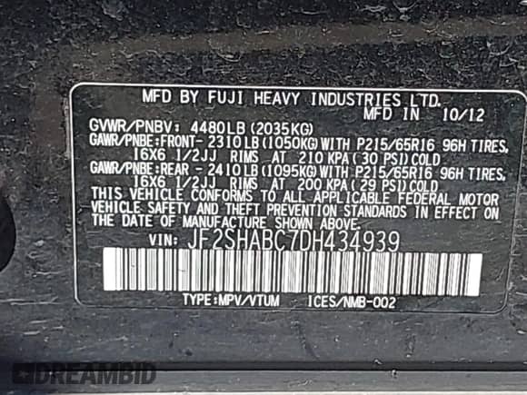 2013 Subaru Forester X z VIN JF2SHABC7DH434939, wystawiony jako IAAI lot #42971297 z przebiegiem 169 004 mil mil oraz . Historia ofert i sprzedaży dostępna na DreamBid. Obrazek 9.