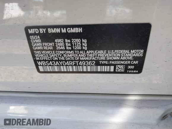 2024 BMW M3 Competition xDrive with VIN WBS43AY04RFT49362, listed as a IAAI auction lot 41691688 with Not provided miles and . Bid and sale history available at DreamBid. Image 9.