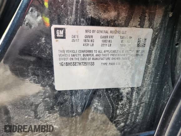 2017 Chevrolet Cruze LT с VIN 1G1BH5SE7H7251133, выставлен на аукционе Copart как лот 61690515 с пробегом 95 807 миль миль и На запчасти • Non repairable. История ставок и продаж доступна на DreamBid. Изображение 12.