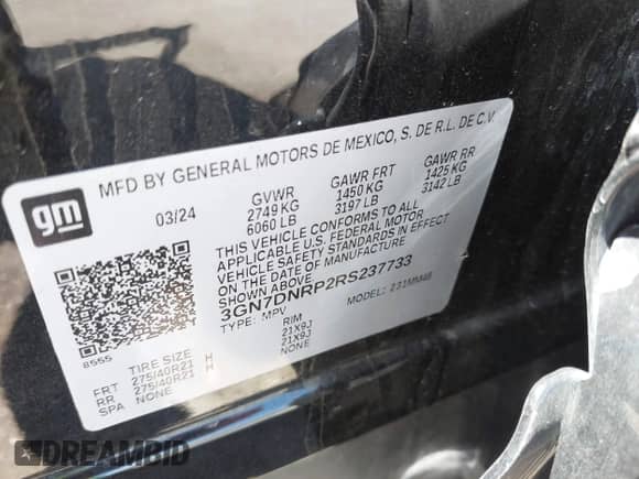 2024 Chevrolet Equinox EV RS с VIN 3GN7DNRP2RS237733, выставлен на аукционе IAAI как лот 42702779 с пробегом 21 163 миль миль и . История ставок и продаж доступна на DreamBid. Изображение 9.