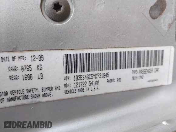 2000 Dodge Neon Highline z VIN 1B3ES46C5YD731845, wystawiony jako IAAI lot #42436755 z przebiegiem 177 211 mil mil oraz . Historia ofert i sprzedaży dostępna na DreamBid. Obrazek 9.