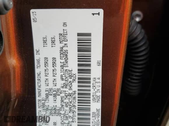2015 Toyota Tundra Limited z VIN 5TFSY5F10FX186766, wystawiony jako Copart lot #73849804 z przebiegiem Nie podano mil oraz Szkoda całkowita • Salvage title. Historia ofert i sprzedaży dostępna na DreamBid. Obrazek 13.