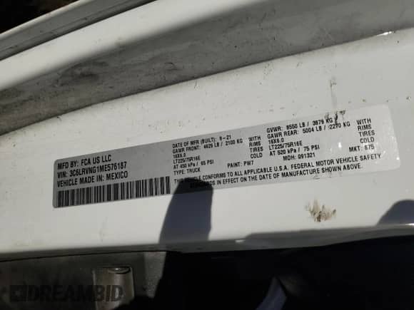 2021 Ram ProMaster Cargo с VIN 3C6LRVNG1ME576187, выставлен на аукционе Copart как лот 81195664 с пробегом Не указан миль и Списание • Salvage title. История ставок и продаж доступна на DreamBid. Изображение 13.