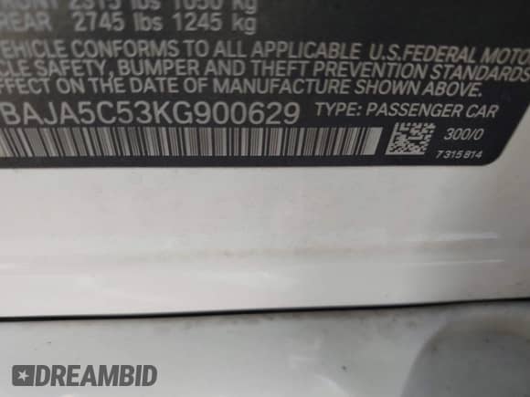 2019 BMW 5 Series 530i with VIN WBAJA5C53KG900629, listed as a IAAI auction lot 42300681 with 28,055 mi miles and . Bid and sale history available at DreamBid. Image 9.