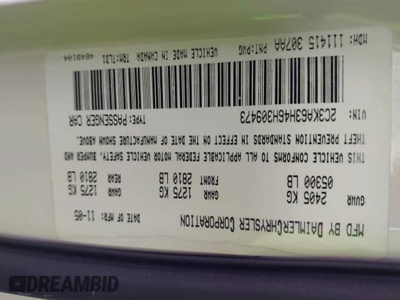 2006 Chrysler 300 C with VIN 2C3KA63H46H309473, listed as a IAAI auction lot 43333826 with 150,614 mi miles and . Bid and sale history available at DreamBid. Image 9.