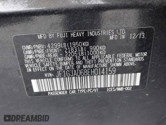 2014 Subaru Impreza Premium with VIN JF1GJAD68EH014159, listed as a IAAI auction lot 42808450 with 169,650 mi miles and . Bid and sale history available at DreamBid. Image 9.