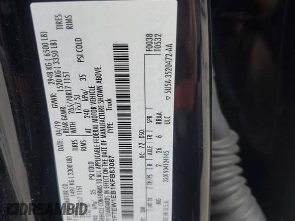 2019 Ford F-150 XL with VIN 1FTEW1EB1KFB83087, listed as a Copart auction lot 68265645 with 55,471 mi miles and Salvage title. Bid and sale history available at DreamBid. Image 12.