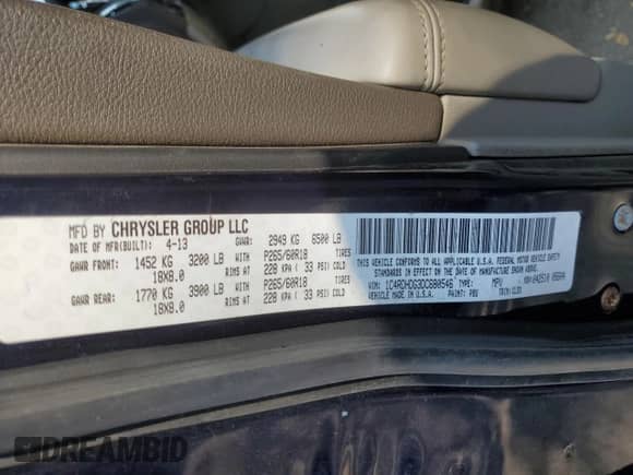 2013 Dodge Durango Crew with VIN 1C4RDHDG3DC680546, listed as a Copart auction lot 68221125 with 286,321 mi miles and Salvage title. Bid and sale history available at DreamBid. Image 14.