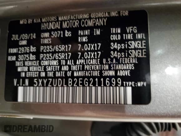 2014 Hyundai Santa Fe с VIN 5XYZUDLB2EG211699, выставлен на аукционе Copart как лот 82019645 с пробегом 174 567 миль миль и Чистый • Clean title. История ставок и продаж доступна на DreamBid. Изображение 13.
