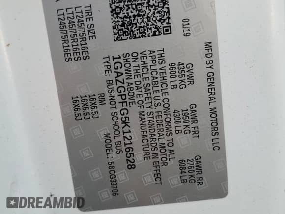 2019 Chevrolet Express Passenger LT с VIN 1GAZGPFG5K1216528, выставлен на аукционе Copart как лот 87693585 с пробегом 66 786 миль миль и Списание • Salvage title. История ставок и продаж доступна на DreamBid. Изображение 13.