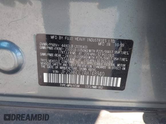 2010 Subaru Forester X Premium with VIN JF2SH6CC7AH748940, listed as a IAAI auction lot 43126838 with 127,391 mi miles and . Bid and sale history available at DreamBid. Image 9.