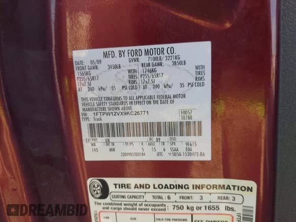 2009 Ford F-150 XL z VIN 1FTPW12VX9KC26771, wystawiony jako IAAI lot #43487407 z przebiegiem 336 392 mil mil oraz . Historia ofert i sprzedaży dostępna na DreamBid. Obrazek 9.