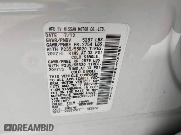 2012 Nissan Murano S z VIN JN8AZ1MW2CW237044, wystawiony jako IAAI lot #42947477 z przebiegiem 153 056 mil mil oraz . Historia ofert i sprzedaży dostępna na DreamBid. Obrazek 9.