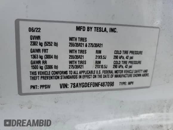 2022 Tesla Model Y Performance с VIN 7SAYGDEF0NF487098, выставлен на аукционе Copart как лот 80744715 с пробегом 39 557 миль миль и Списание • Salvage title. История ставок и продаж доступна на DreamBid. Изображение 13.