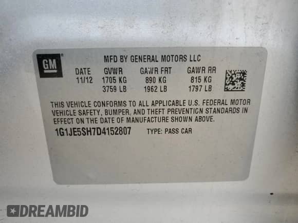 2013 Chevrolet Sonic LTZ с VIN 1G1JE5SH7D4152807, выставлен на аукционе Copart как лот 58600395 с пробегом 129 542 миль миль и Списание • Salvage title. История ставок и продаж доступна на DreamBid. Изображение 13.