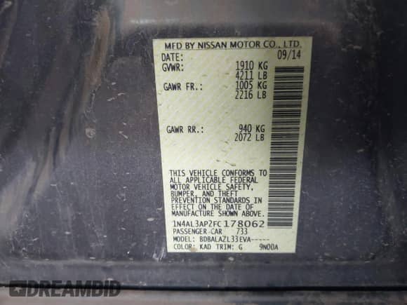 2015 Nissan Altima SV with VIN 1N4AL3AP2FC178062, listed as a IAAI auction lot 43233094 with 101,732 mi miles and . Bid and sale history available at DreamBid. Image 9.