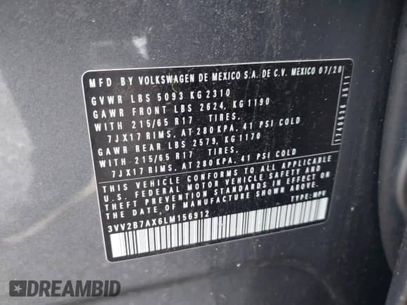 2020 Volkswagen Tiguan SE с VIN 3VV2B7AX6LM156912, выставлен на аукционе IAAI как лот 42823536 с пробегом 30 690 миль миль и . История ставок и продаж доступна на DreamBid. Изображение 9.