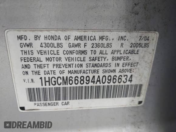2004 Honda Accord EX with VIN 1HGCM66894A096634, listed as a IAAI auction lot 42601677 with 164,439 mi miles and . Bid and sale history available at DreamBid. Image 9.