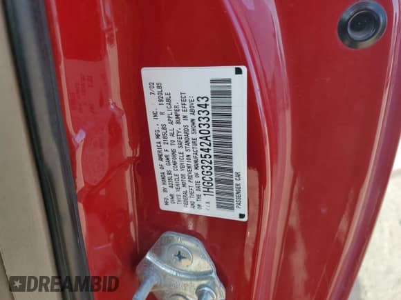 2002 Honda Accord EX with VIN 1HGCG32542A033343, listed as a Copart auction lot 77684254 with 213,793 mi miles and Salvage title. Bid and sale history available at DreamBid. Image 15.