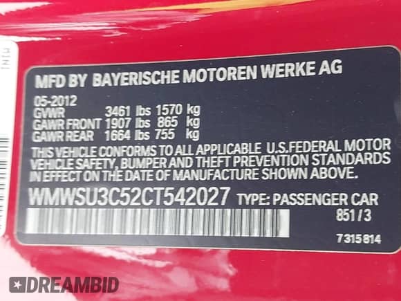 2012 MINI Hardtop with VIN WMWSU3C52CT542027, listed as a IAAI auction lot 42572780 with 122,496 mi miles and . Bid and sale history available at DreamBid. Image 9.