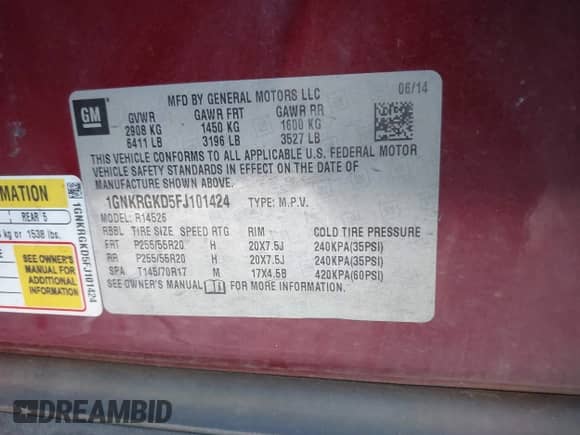 2015 Chevrolet Traverse LT with VIN 1GNKRGKD5FJ101424, listed as a IAAI auction lot 41211081 with 130,639 mi miles and . Bid and sale history available at DreamBid. Image 9.