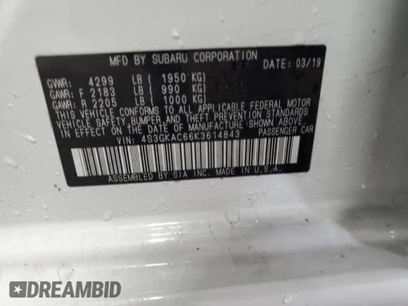 2019 Subaru Impreza Premium with VIN 4S3GKAC66K3614843, listed as a Copart auction lot 83843095 with 61,953 mi miles and Salvage title. Bid and sale history available at DreamBid. Image 12.