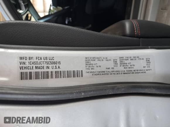 2025 Dodge Durango R/T Plus with VIN 1C4SDJCT7SC506015, listed as a Copart auction lot 82049245 with Not provided miles and Salvage title. Bid and sale history available at DreamBid. Image 13.