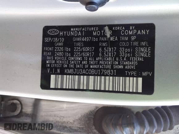 2011 Hyundai Tucson GLS with VIN KM8JU3AC0BU179831, listed as a IAAI auction lot 43504409 with 227,762 mi miles and . Bid and sale history available at DreamBid. Image 9.