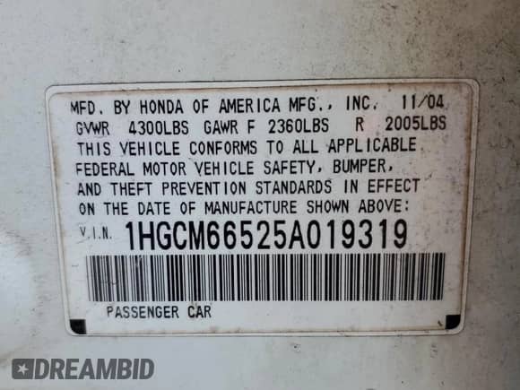 2005 Honda Accord EX-L with VIN 1HGCM66525A019319, listed as a Copart auction lot 69790395 with 218,690 mi miles and Clean title. Bid and sale history available at DreamBid. Image 12.