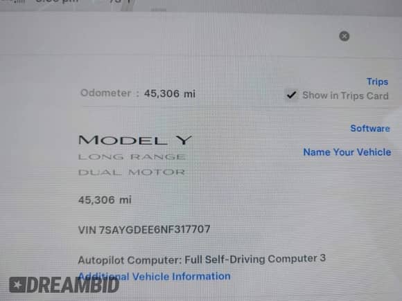 2022 Tesla Model Y Long Range z VIN 7SAYGDEE6NF317707, wystawiony jako IAAI lot #43186532 z przebiegiem 45 306 mil mil oraz . Historia ofert i sprzedaży dostępna na DreamBid. Obrazek 7.