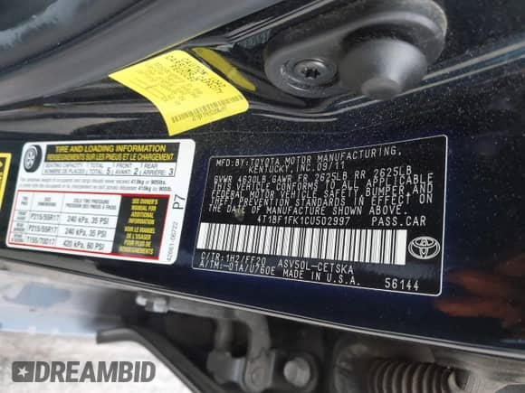 2012 Toyota Camry L with VIN 4T1BF1FK1CU502997, listed as a IAAI auction lot 43186557 with 190,100 mi miles and . Bid and sale history available at DreamBid. Image 9.