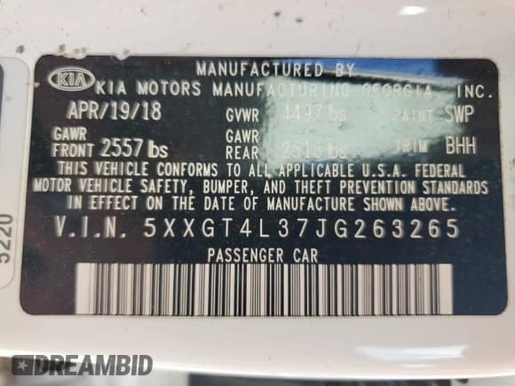 2018 Kia Optima LX with VIN 5XXGT4L37JG263265, listed as a Copart auction lot 71883775 with 155,430 mi miles and Salvage title. Bid and sale history available at DreamBid. Image 13.