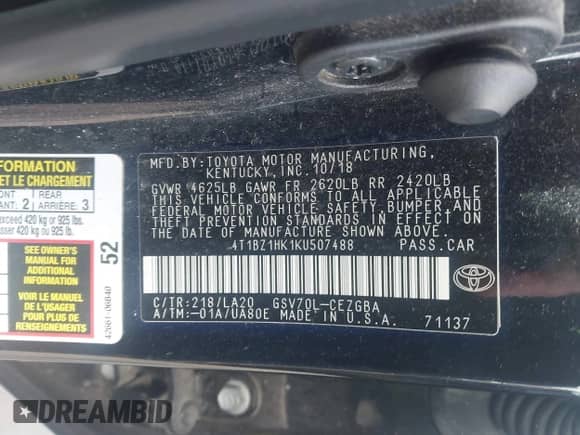 2019 Toyota Camry XSE z VIN 4T1BZ1HK1KU507488, wystawiony jako IAAI lot #43268611 z przebiegiem 128 395 mil mil oraz . Historia ofert i sprzedaży dostępna na DreamBid. Obrazek 9.